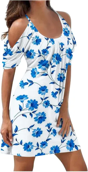 Sexy Dresses for Women 2024 Plus Size Floral Print Open Shoulder Short Beach Sundress Loose fit Crew Neck Mini Dress