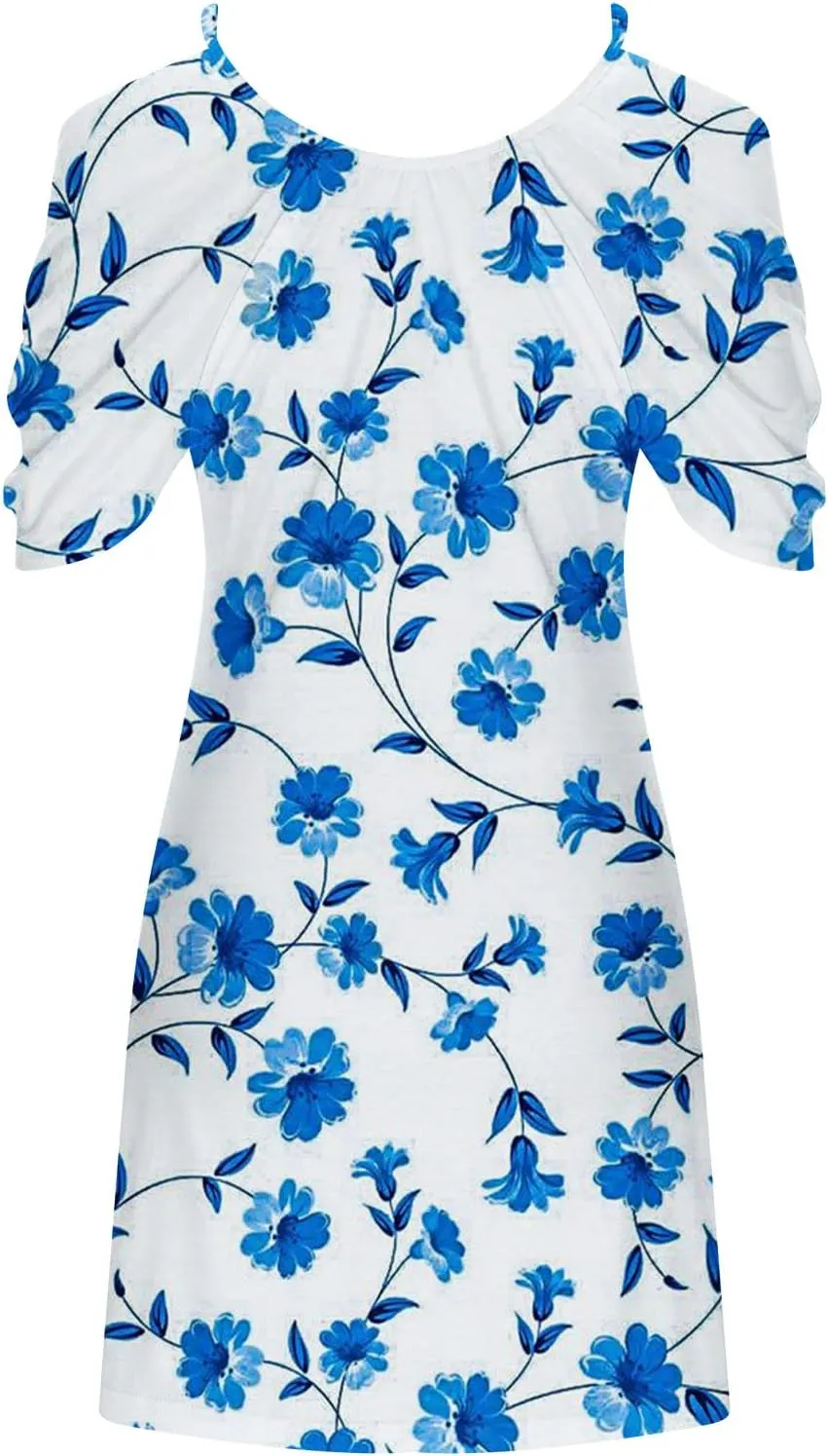 Sexy Dresses for Women 2024 Plus Size Floral Print Open Shoulder Short Beach Sundress Loose fit Crew Neck Mini Dress