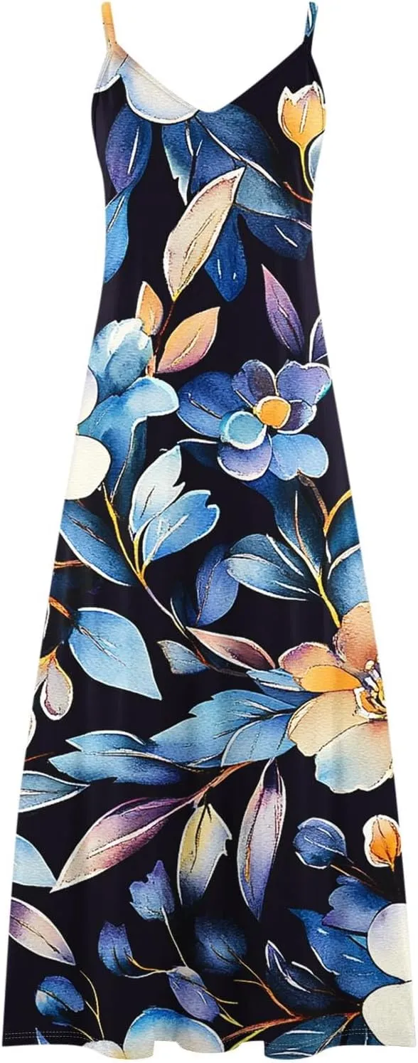 Sexy Dresses for Women V-Neck Spaghetti Strap Sleeveless Boho Sundress Summer Ruched Maxi Wedding Guest Dress
