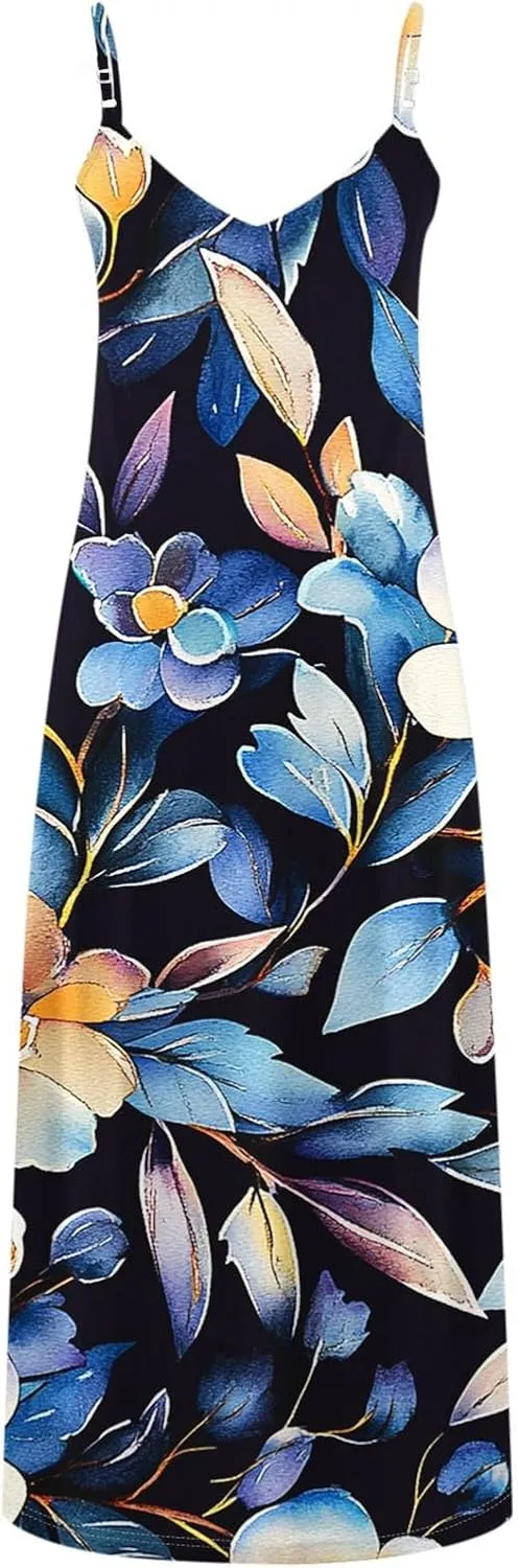 Sexy Dresses for Women V-Neck Spaghetti Strap Sleeveless Boho Sundress Summer Ruched Maxi Wedding Guest Dress