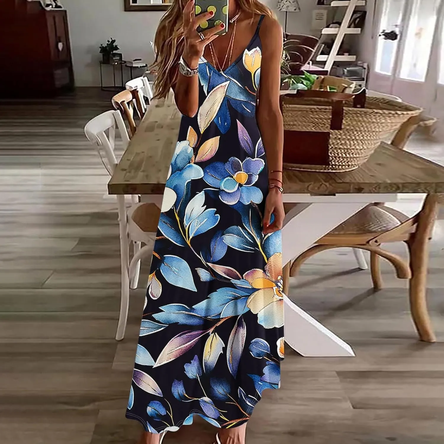 Sexy Dresses for Women V-Neck Spaghetti Strap Sleeveless Boho Sundress Summer Ruched Maxi Wedding Guest Dress