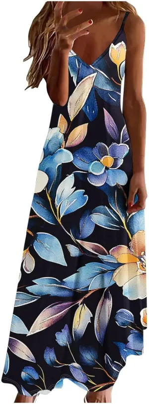Sexy Dresses for Women V-Neck Spaghetti Strap Sleeveless Boho Sundress Summer Ruched Maxi Wedding Guest Dress