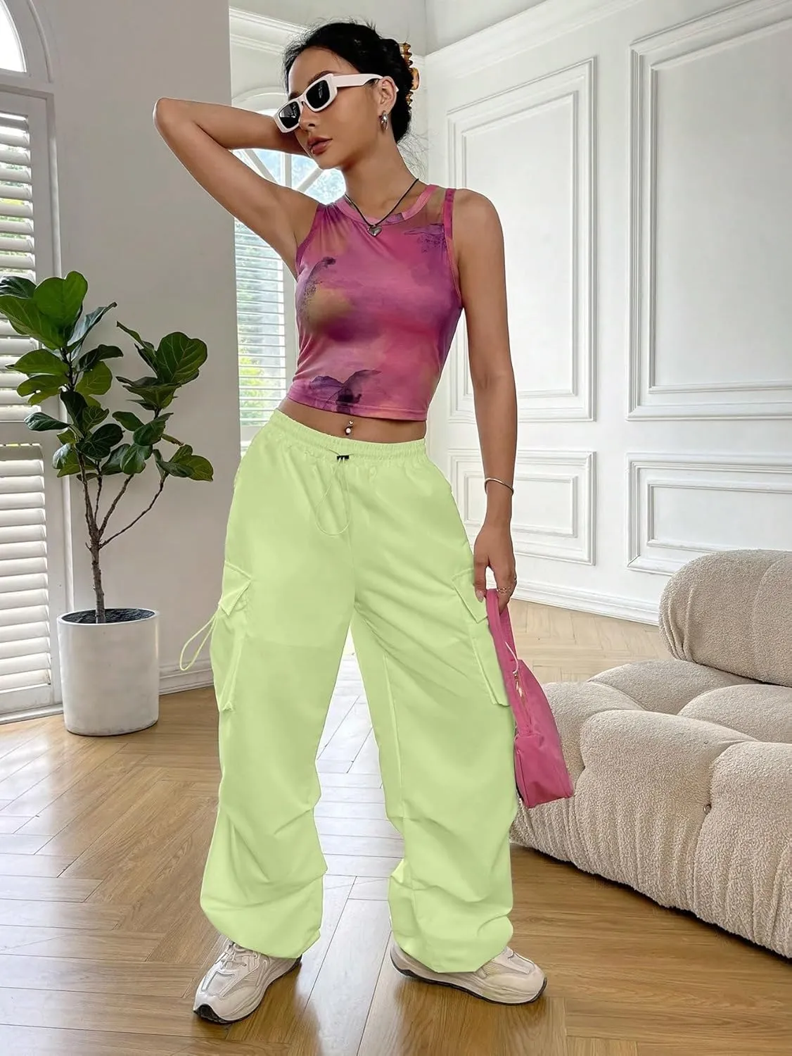SHENHE Women's Baggy Loose Cargo Pants Drawstring Waist Joggers Long Trousers