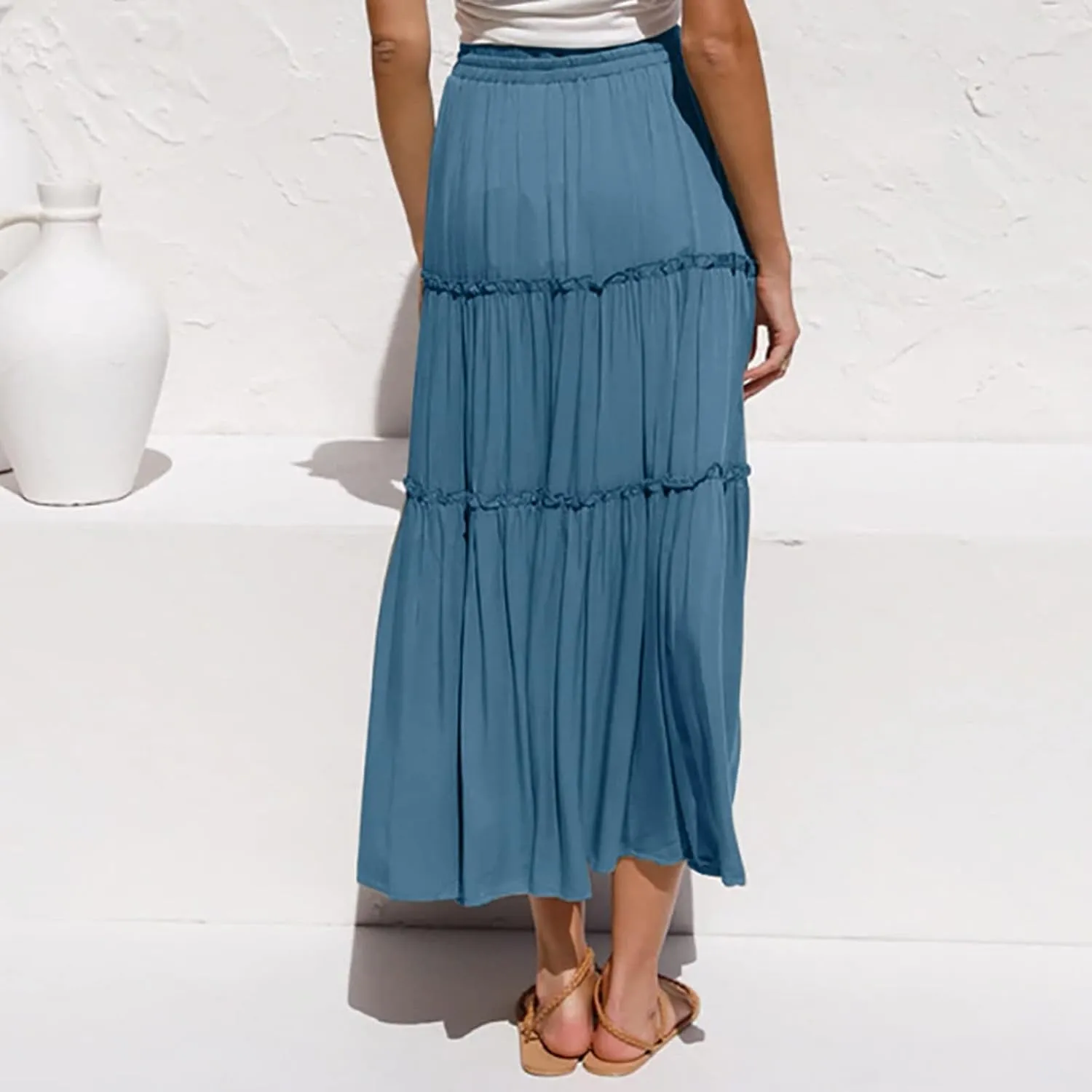 Skirts for Women Trendy Women High Elastic Waist Pleated Skirt Vintage Stretch Casual High Waist A-Line Flared