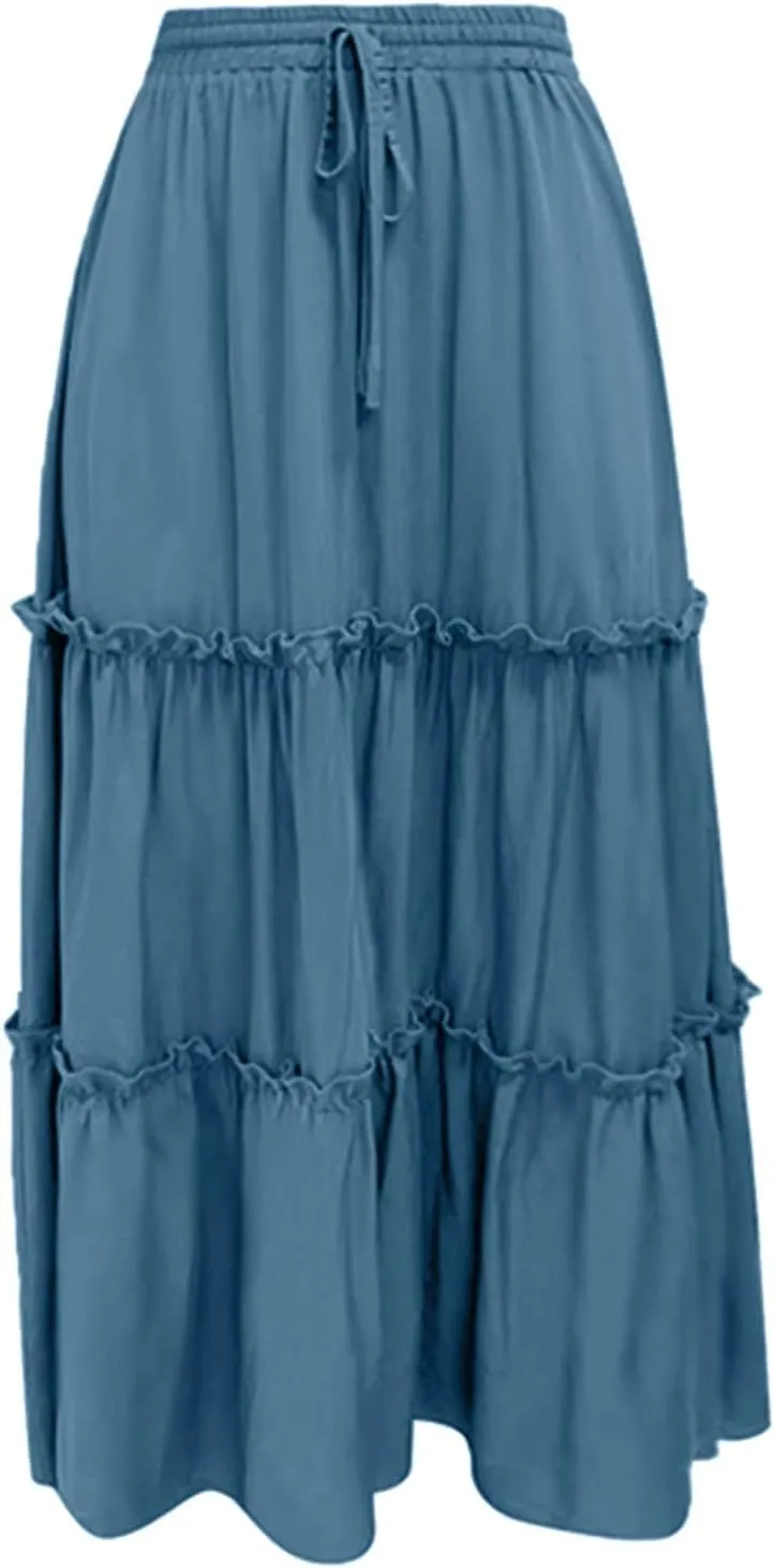 Skirts for Women Trendy Women High Elastic Waist Pleated Skirt Vintage Stretch Casual High Waist A-Line Flared