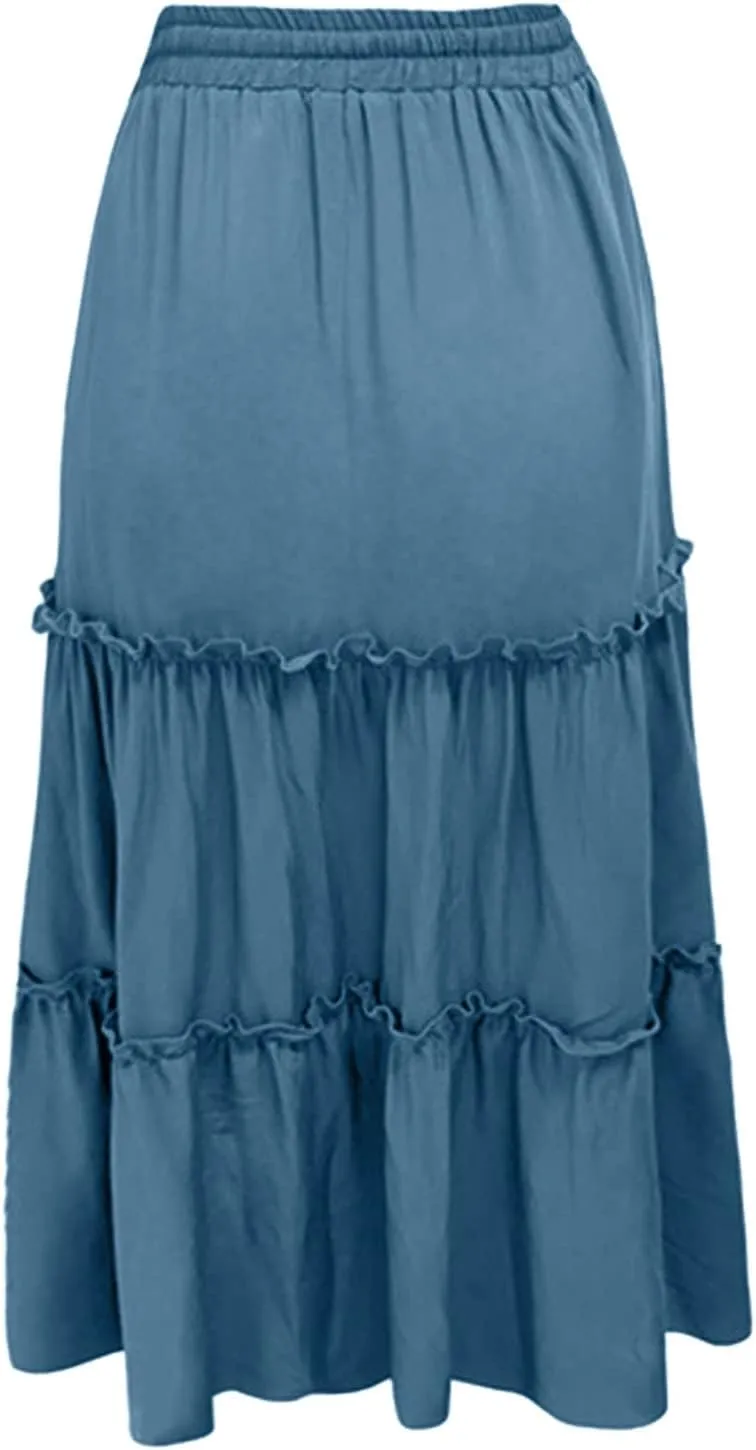 Skirts for Women Trendy Women High Elastic Waist Pleated Skirt Vintage Stretch Casual High Waist A-Line Flared