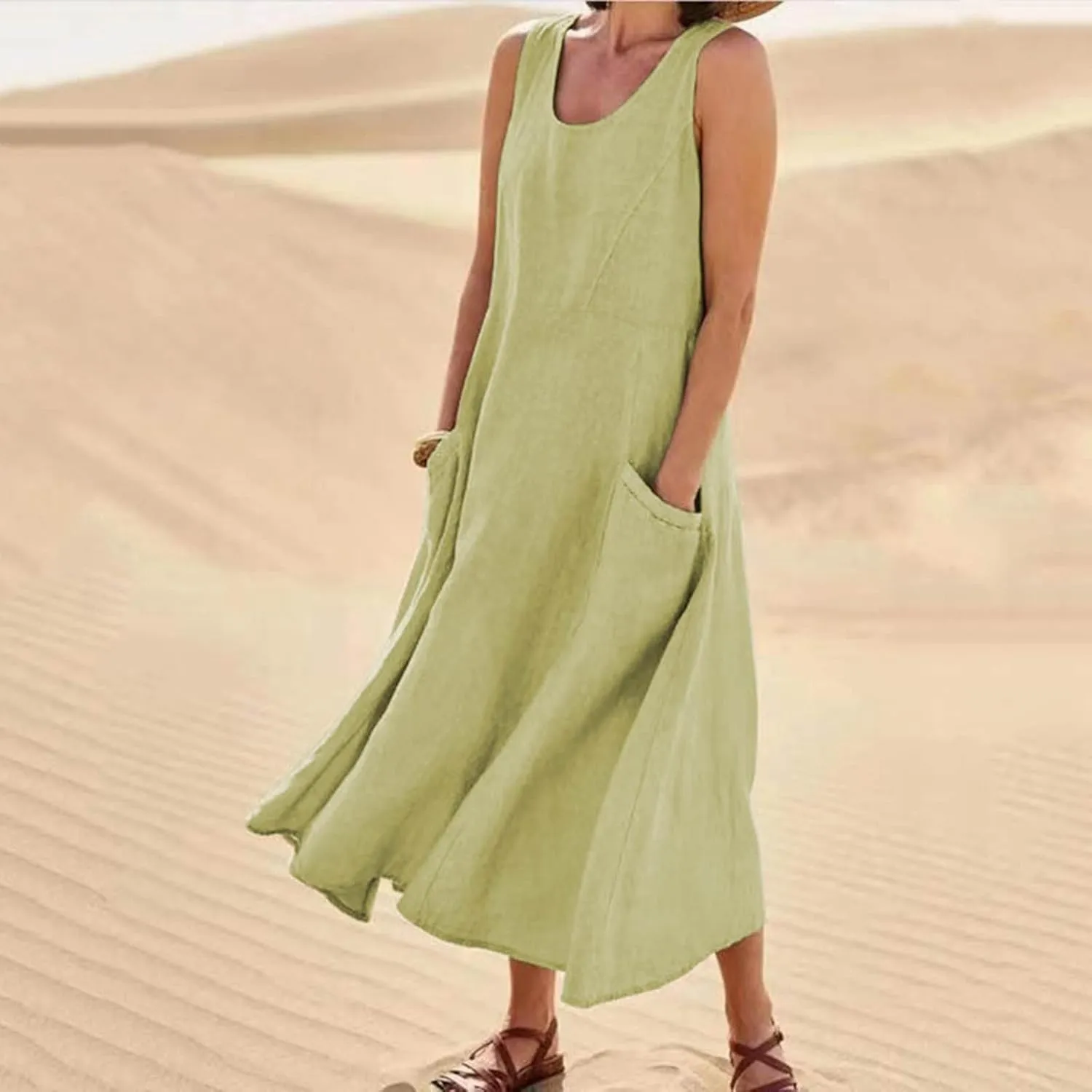 SMIDOW Cotton Dresses for Women Casual Summer 2024 Solid Beach Flowy Tshirt Sundress Sleeveless Tank Long Dress with Pockets