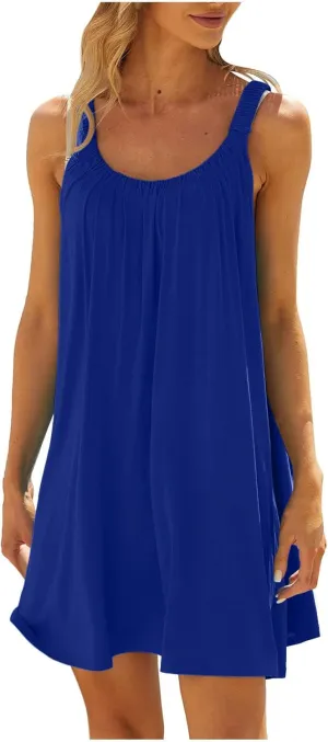 SMIDOW Sun Dresses for Women 2023 Beach Casual Summer Sleeveless Tshirt Dress Solid Swing Bikini Beachwear Cover Up