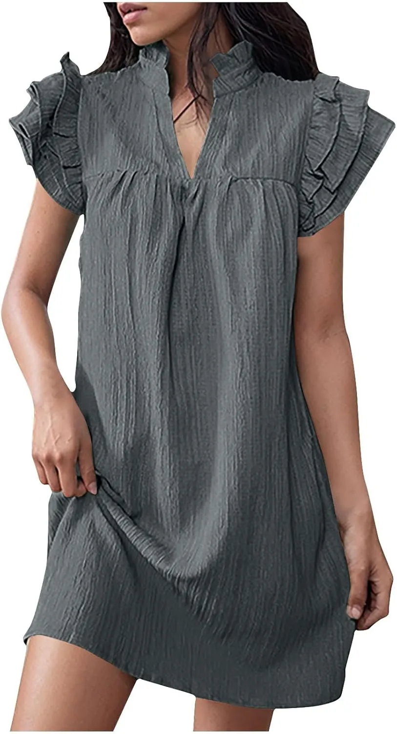 Summer Casual Dresses for Women 2024 Ruffle Short Sleeve Ruched Dresses Solid Color Loose fit Knee Length Dresses