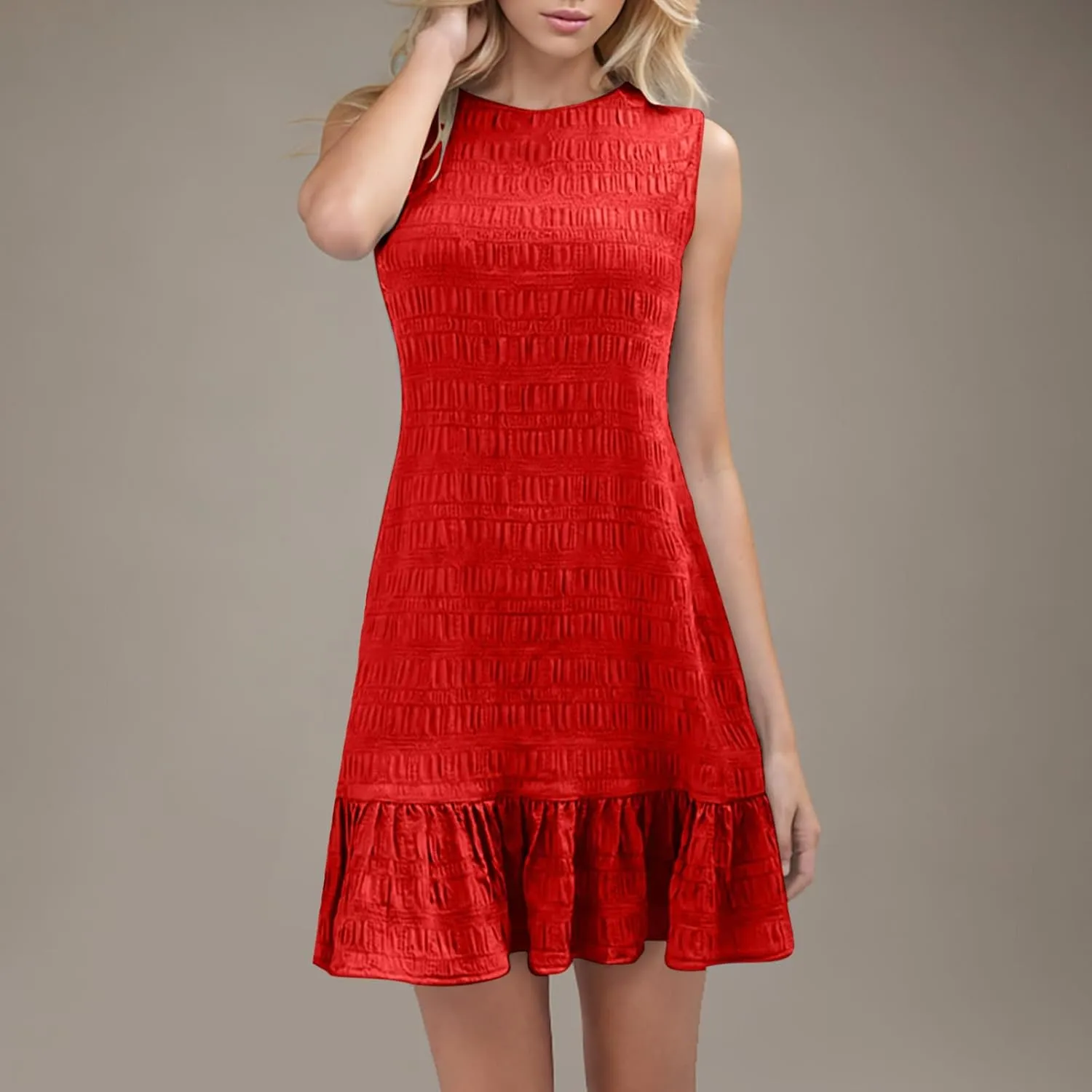 Summer Dress Women Mini Ruffle Hem Sleeveless Round Neck Solid Textured Casual Beach Holiday Party Boho Sundress