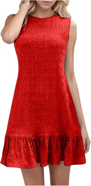 Summer Dress Women Mini Ruffle Hem Sleeveless Round Neck Solid Textured Casual Beach Holiday Party Boho Sundress
