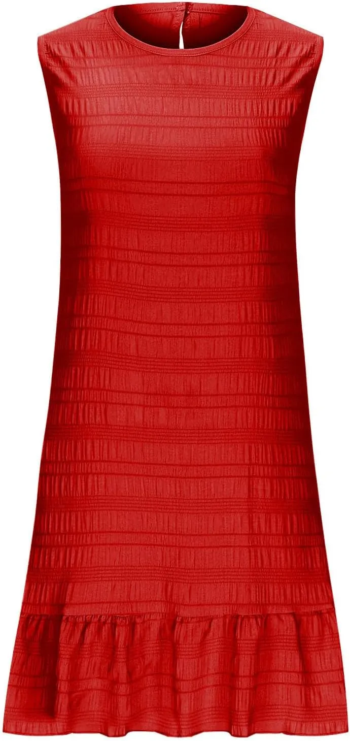 Summer Dress Women Mini Ruffle Hem Sleeveless Round Neck Solid Textured Casual Beach Holiday Party Boho Sundress