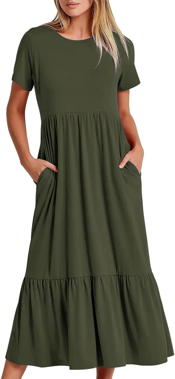 Summer Dresses for Women 2024 Maxi Casual Short Sleeve Crewneck Dress Flowy Swing Beach Sundresses with Pockets