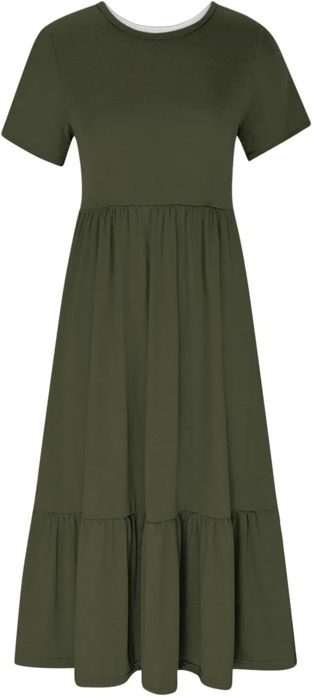 Summer Dresses for Women 2024 Maxi Casual Short Sleeve Crewneck Dress Flowy Swing Beach Sundresses with Pockets