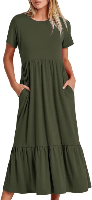 Summer Dresses for Women 2024 Maxi Casual Short Sleeve Crewneck Dress Flowy Swing Beach Sundresses with Pockets