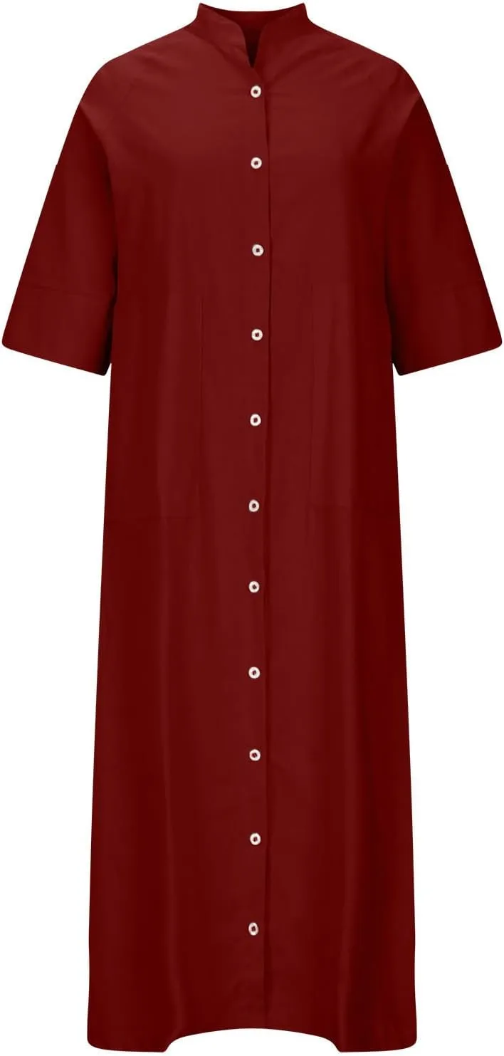 Summer Dresses for Women 2024 Plus Size Button Down Short Sleeve t Shirt Dresses Solid Midi Dresses with Pockets