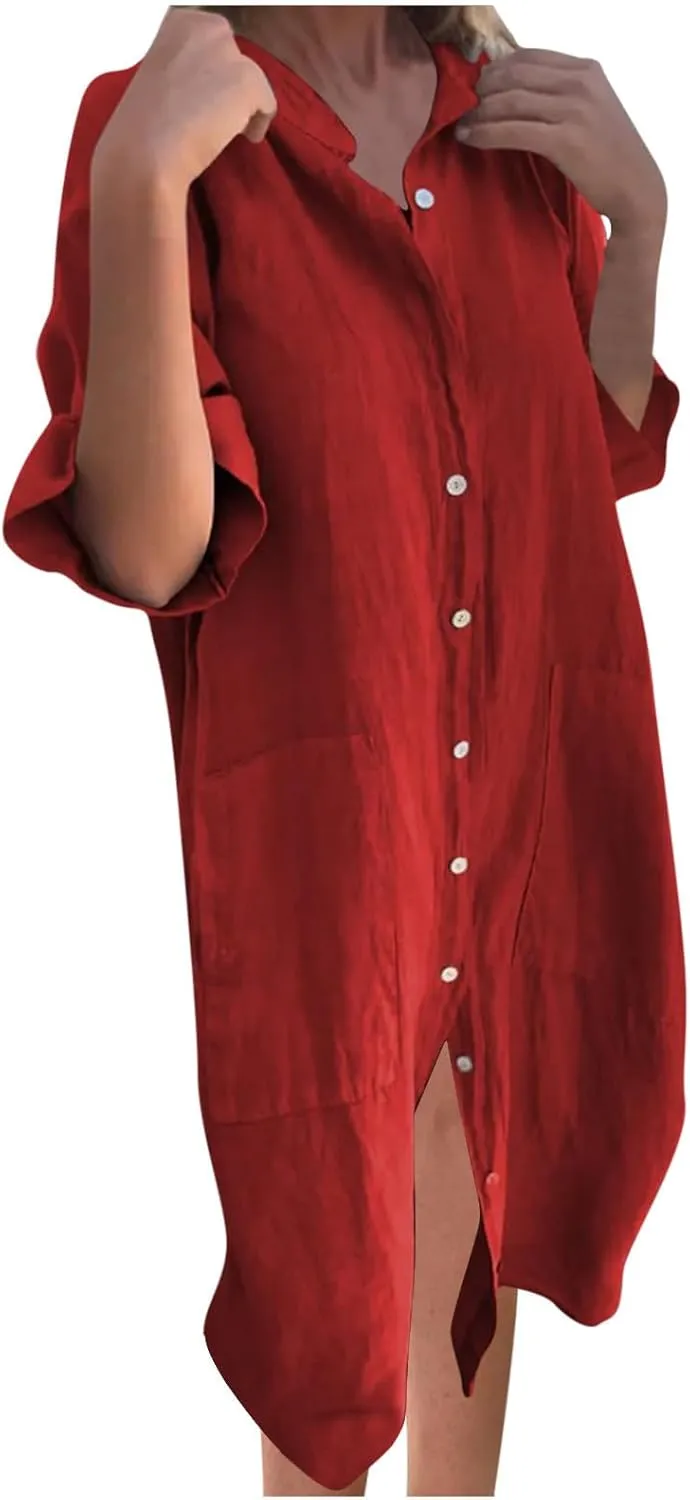 Summer Dresses for Women 2024 Plus Size Button Down Short Sleeve t Shirt Dresses Solid Midi Dresses with Pockets