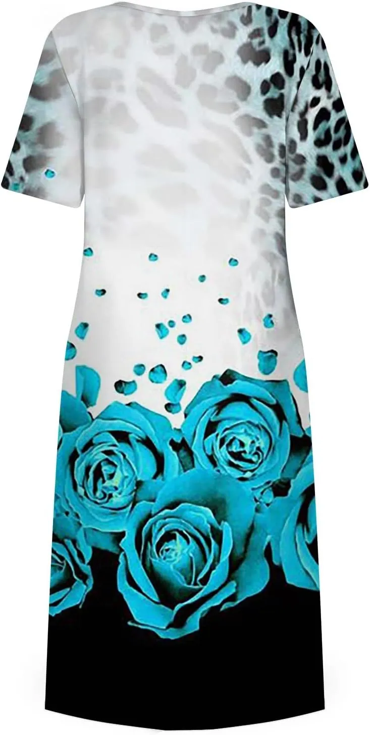 Summer Dresses for Women 2024 Pocket Pleated Beach Dress Short Sleeve Printed Dresses Round Neck Casual Maxi Dress
