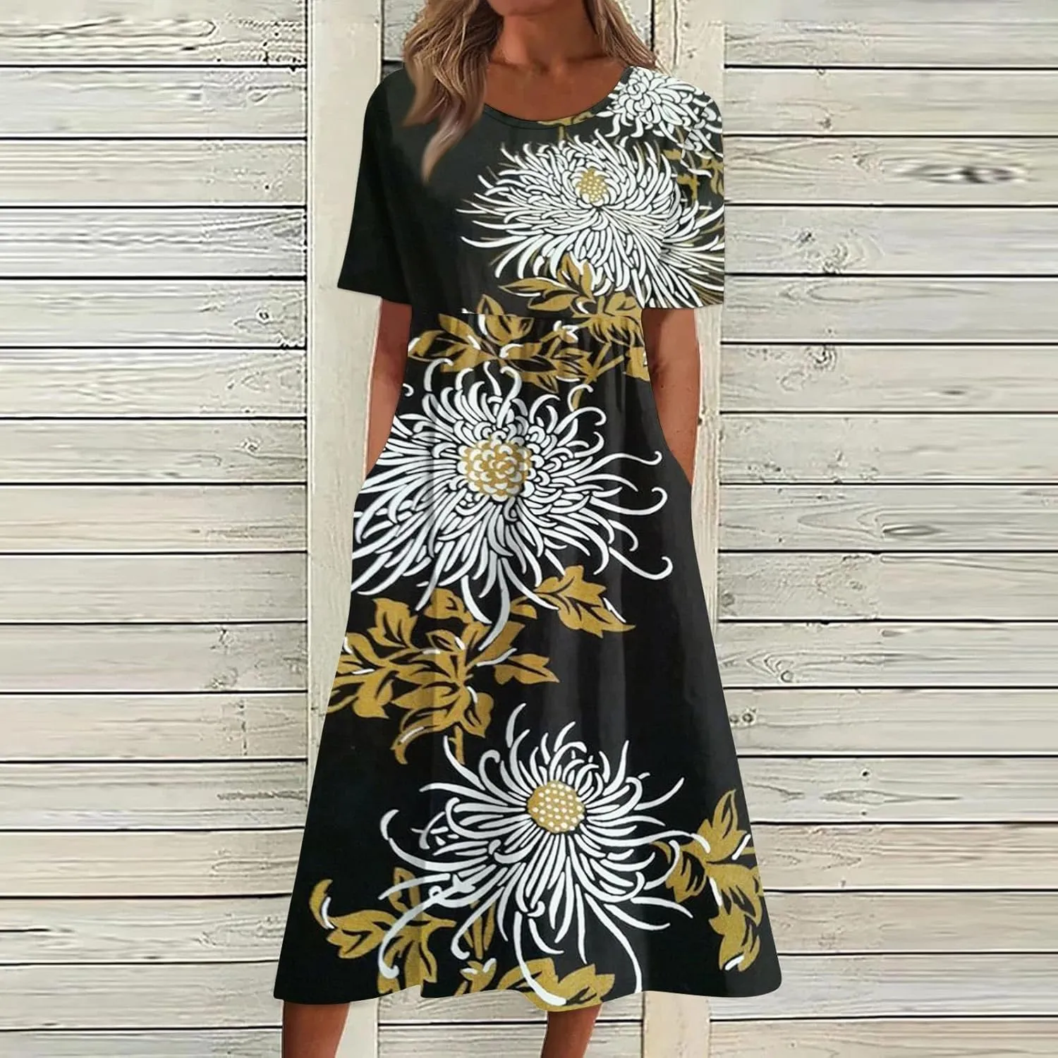 Summer Dresses for Women 2024 Pocket Pleated Beach Dress Short Sleeve Printed Dresses Round Neck Casual Maxi Dress