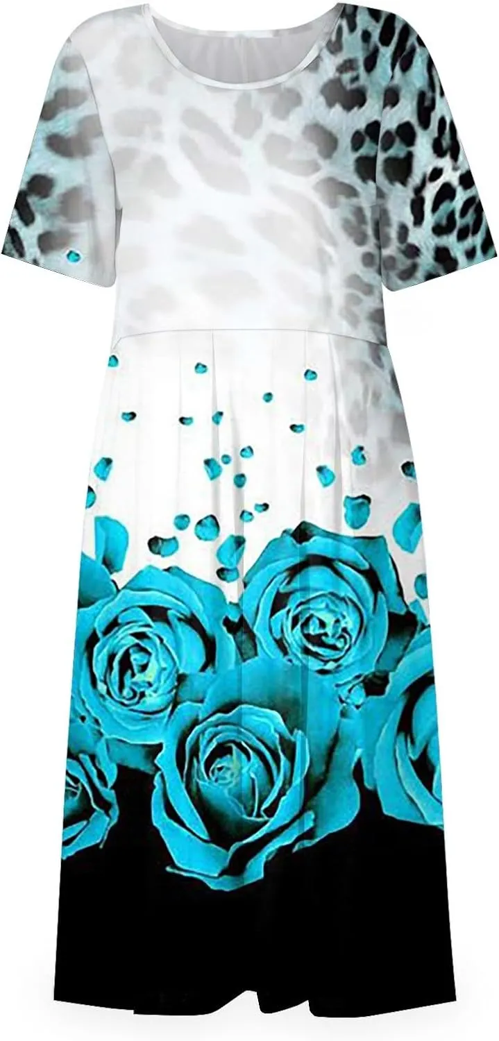 Summer Dresses for Women 2024 Pocket Pleated Beach Dress Short Sleeve Printed Dresses Round Neck Casual Maxi Dress