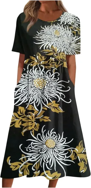 Summer Dresses for Women 2024 Pocket Pleated Beach Dress Short Sleeve Printed Dresses Round Neck Casual Maxi Dress