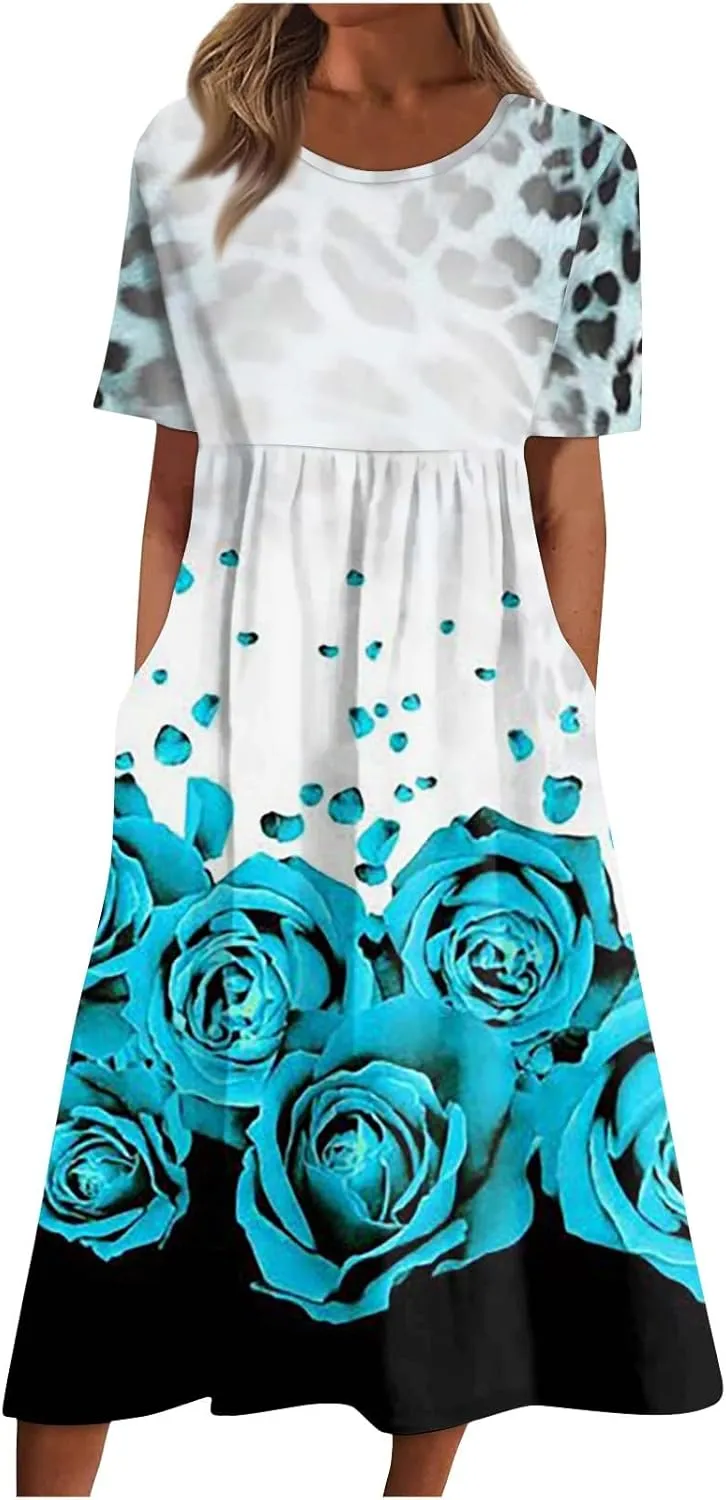 Summer Dresses for Women 2024 Pocket Pleated Beach Dress Short Sleeve Printed Dresses Round Neck Casual Maxi Dress