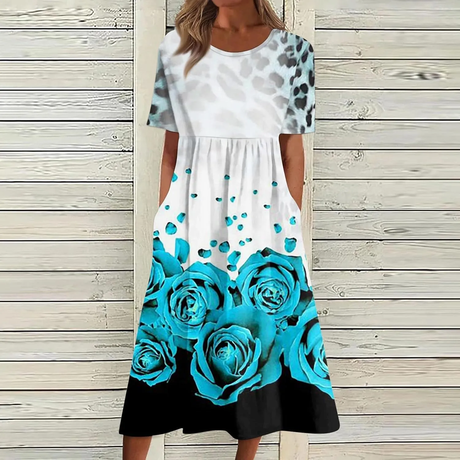 Summer Dresses for Women 2024 Pocket Pleated Beach Dress Short Sleeve Printed Dresses Round Neck Casual Maxi Dress