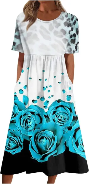 Summer Dresses for Women 2024 Pocket Pleated Beach Dress Short Sleeve Printed Dresses Round Neck Casual Maxi Dress