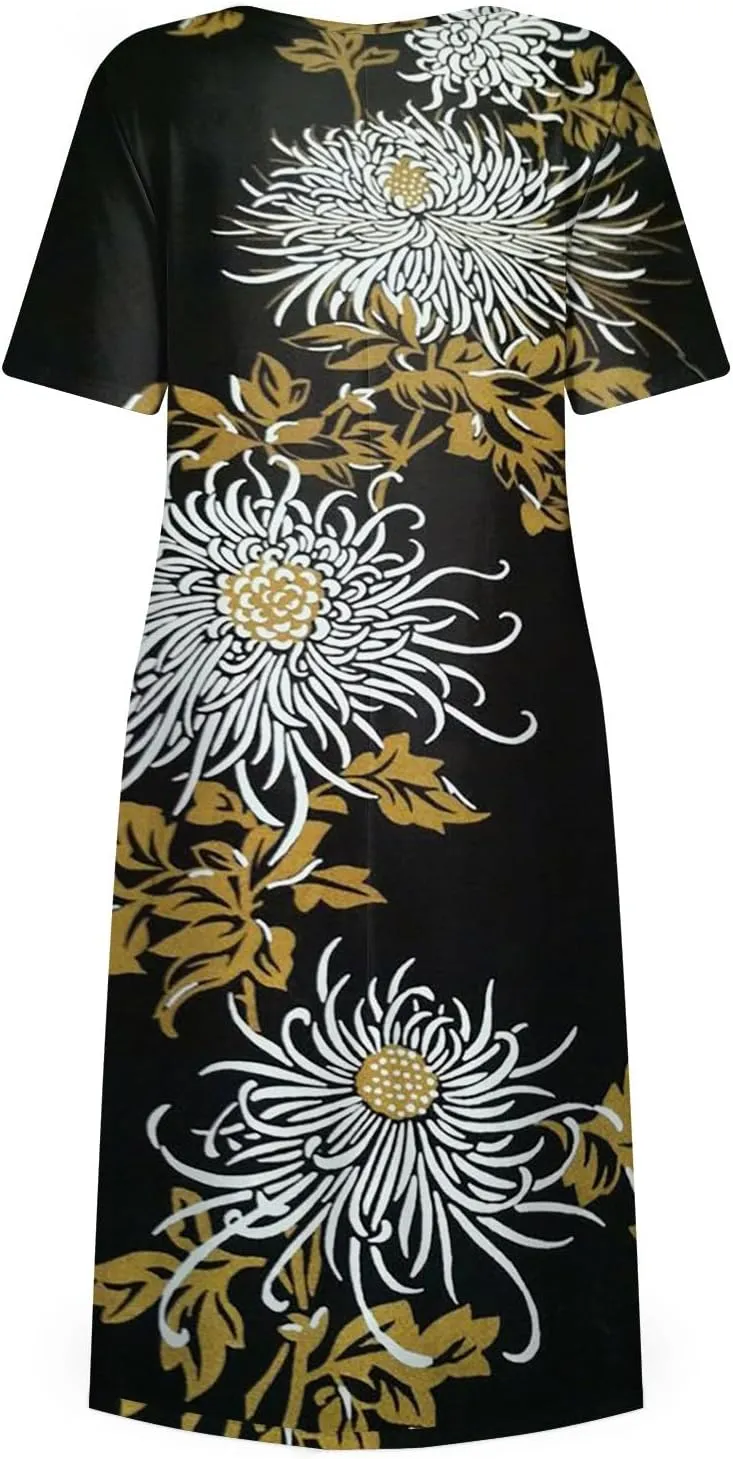 Summer Dresses for Women 2024 Pocket Pleated Beach Dress Short Sleeve Printed Dresses Round Neck Casual Maxi Dress