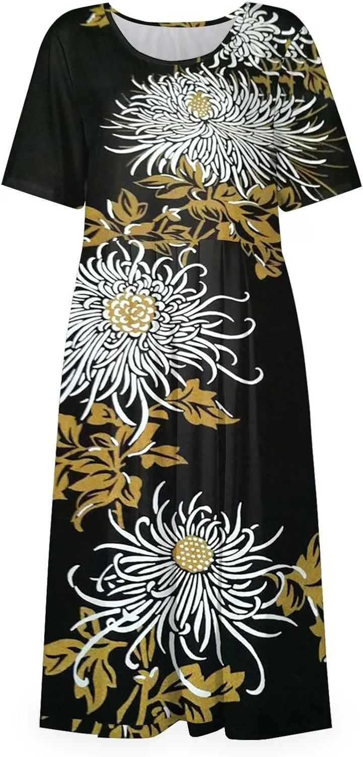 Summer Dresses for Women 2024 Pocket Pleated Beach Dress Short Sleeve Printed Dresses Round Neck Casual Maxi Dress