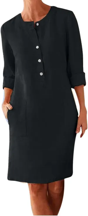 Summer Dresses for Women 2025 Button Casual Long Sleeve Cotton Linen Sundress Elegant Formal Work Dress with Pockets
