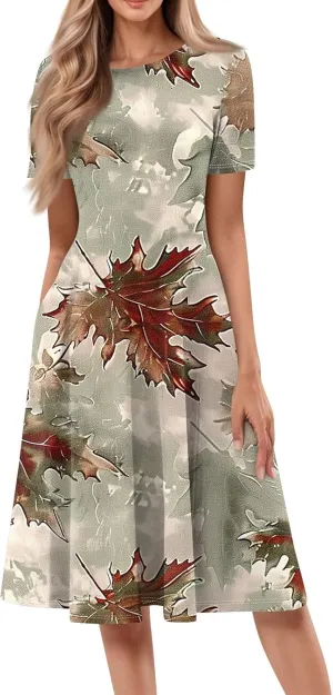 Summer Dresses for Women 2025 Flowy Midi Dresses Aline Beach Tshirt Dress Floral Short Sleeve Dress with Pockets