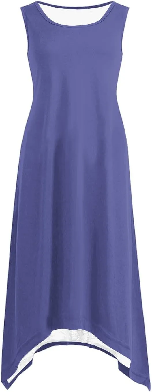 Summer Dresses for Women 2025 Handkerchief Hem Crewneck Tank Dress Casual Sleeveless Beach A-Line Sundress Clothes