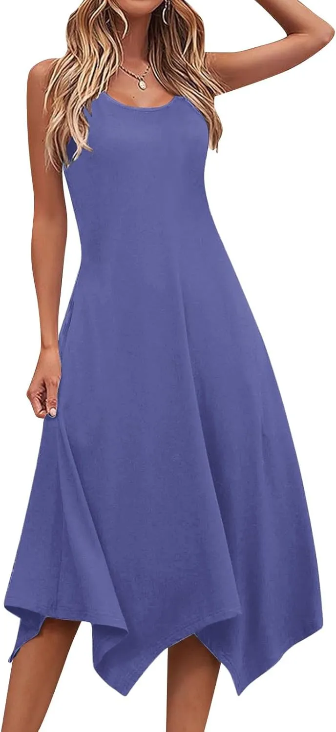 Summer Dresses for Women 2025 Handkerchief Hem Crewneck Tank Dress Casual Sleeveless Beach A-Line Sundress Clothes