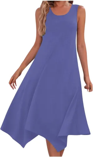 Summer Dresses for Women 2025 Handkerchief Hem Crewneck Tank Dress Casual Sleeveless Beach A-Line Sundress Clothes