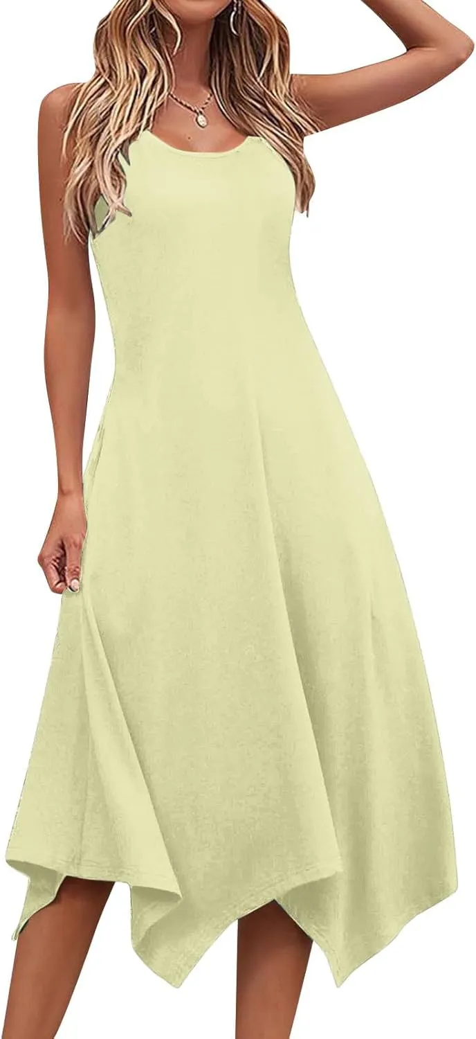 Summer Dresses for Women 2025 Handkerchief Hem Crewneck Tank Dress Casual Sleeveless Beach A-Line Sundress Clothes