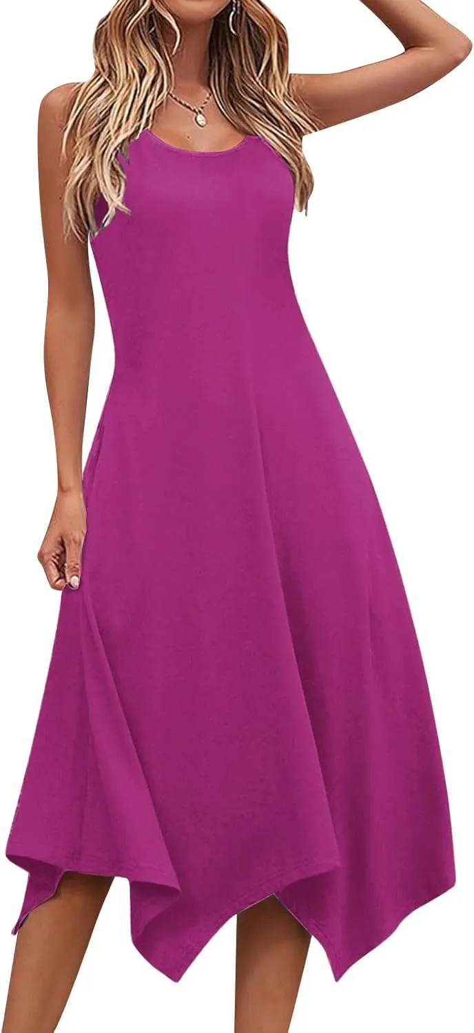 Summer Dresses for Women 2025 Handkerchief Hem Crewneck Tank Dress Casual Sleeveless Beach A-Line Sundress Clothes