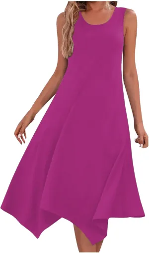 Summer Dresses for Women 2025 Handkerchief Hem Crewneck Tank Dress Casual Sleeveless Beach A-Line Sundress Clothes