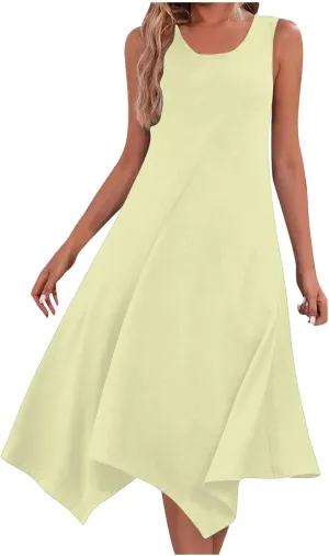 Summer Dresses for Women 2025 Handkerchief Hem Crewneck Tank Dress Casual Sleeveless Beach A-Line Sundress Clothes
