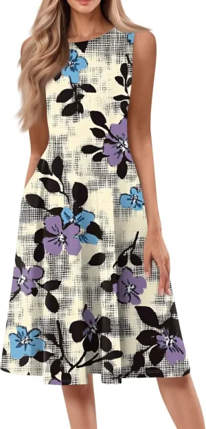 Summer Dresses for Women 2025 Midi Short Sleeve Crew Neck Sleeveless Dresses Beach Sundress with Side Pocket A Line Dress
