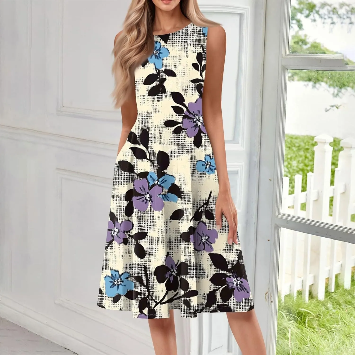 Summer Dresses for Women 2025 Midi Short Sleeve Crew Neck Sleeveless Dresses Beach Sundress with Side Pocket A Line Dress