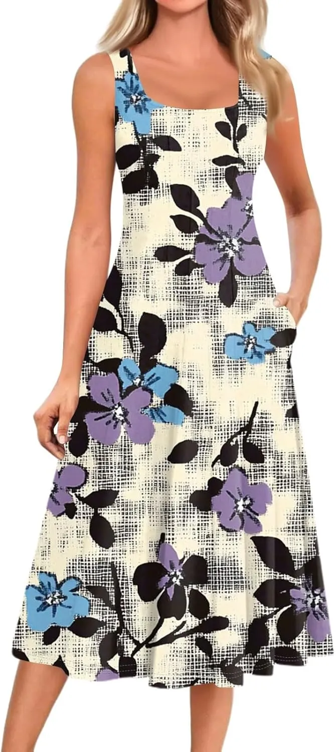 Summer Dresses for Women 2025 Midi Short Sleeve Crew Neck Sleeveless Dresses Beach Sundress with Side Pocket A Line Dress