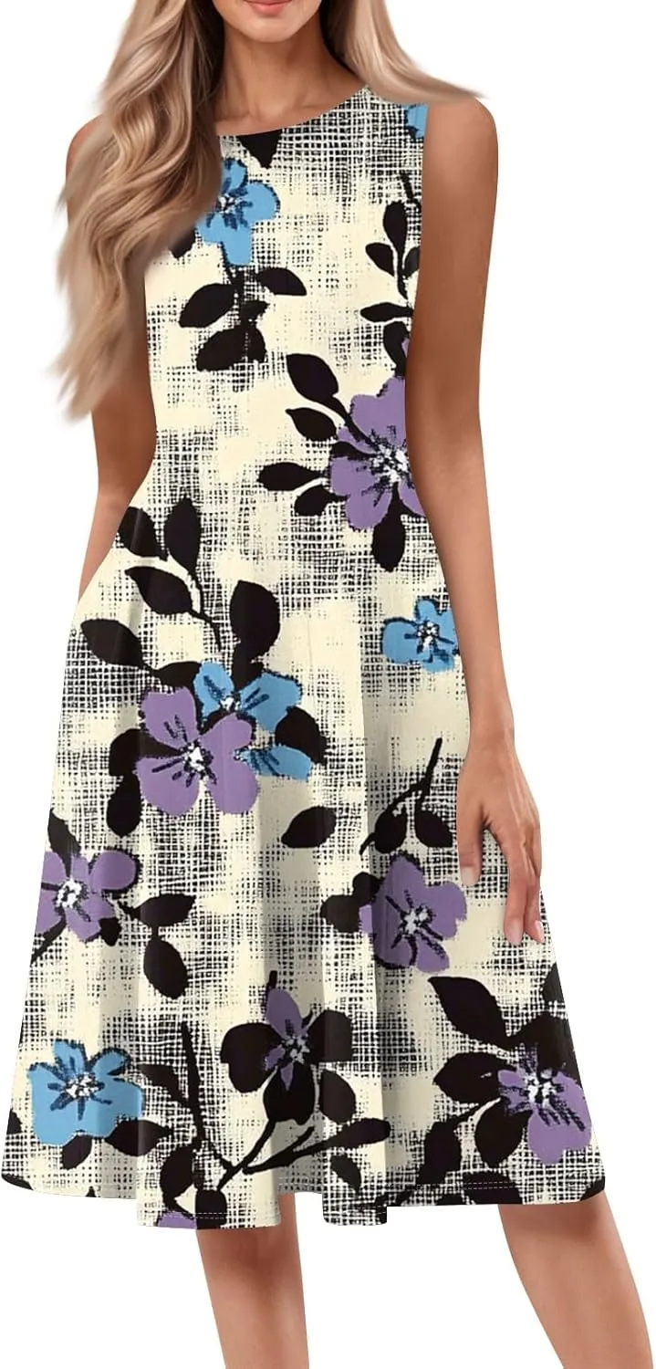 Summer Dresses for Women 2025 Midi Short Sleeve Crew Neck Sleeveless Dresses Beach Sundress with Side Pocket A Line Dress