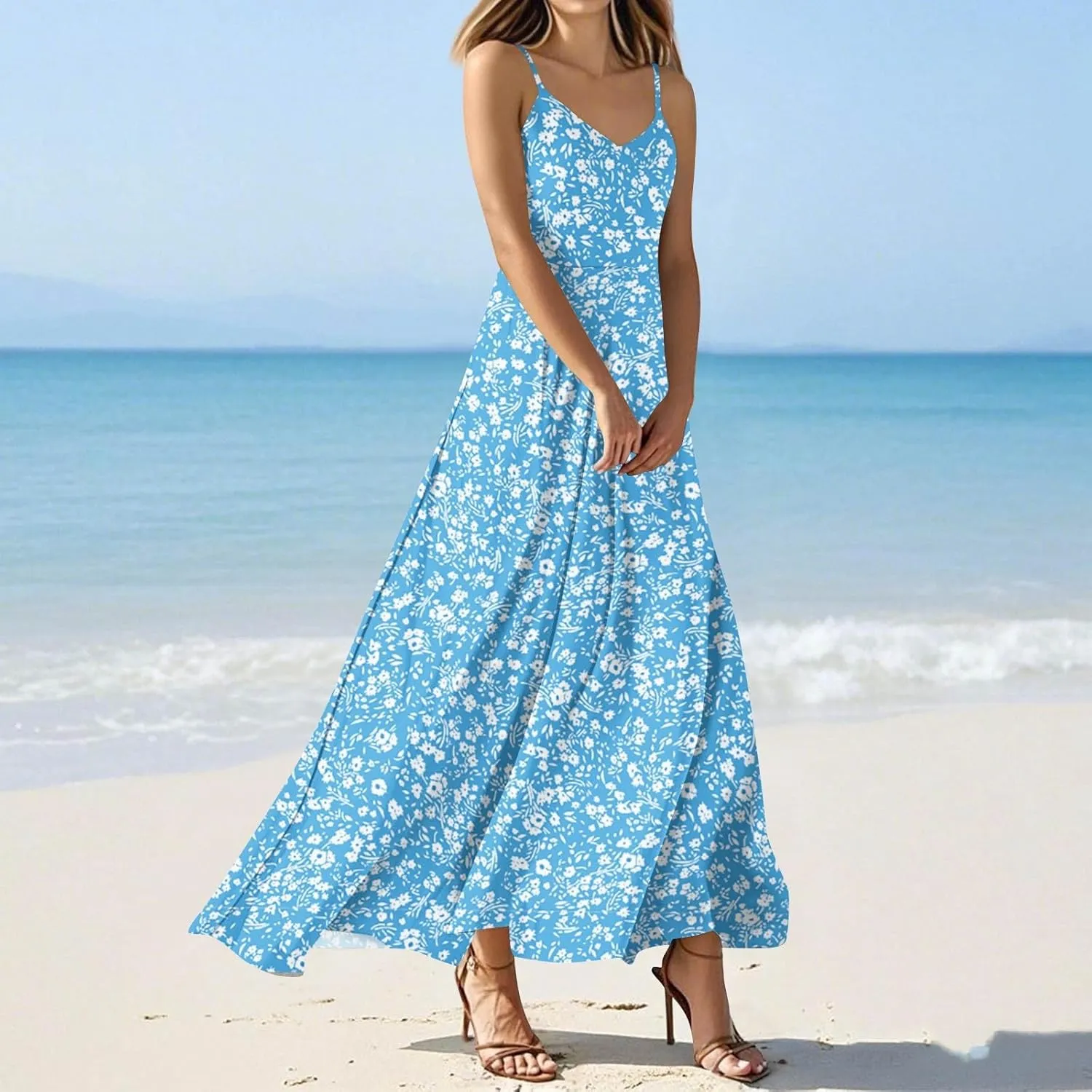 Summer Dresses for Women 2025 Spring Adjustable Spaghetti Strap Maxi Dress Floral Beach Vacation Long Sundress