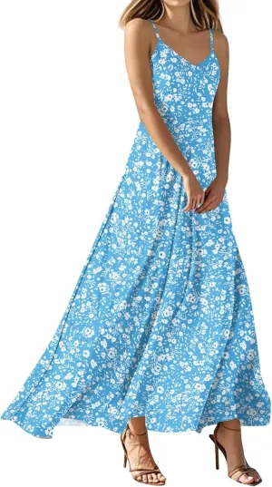 Summer Dresses for Women 2025 Spring Adjustable Spaghetti Strap Maxi Dress Floral Beach Vacation Long Sundress