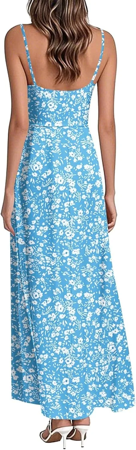 Summer Dresses for Women 2025 Spring Adjustable Spaghetti Strap Maxi Dress Floral Beach Vacation Long Sundress