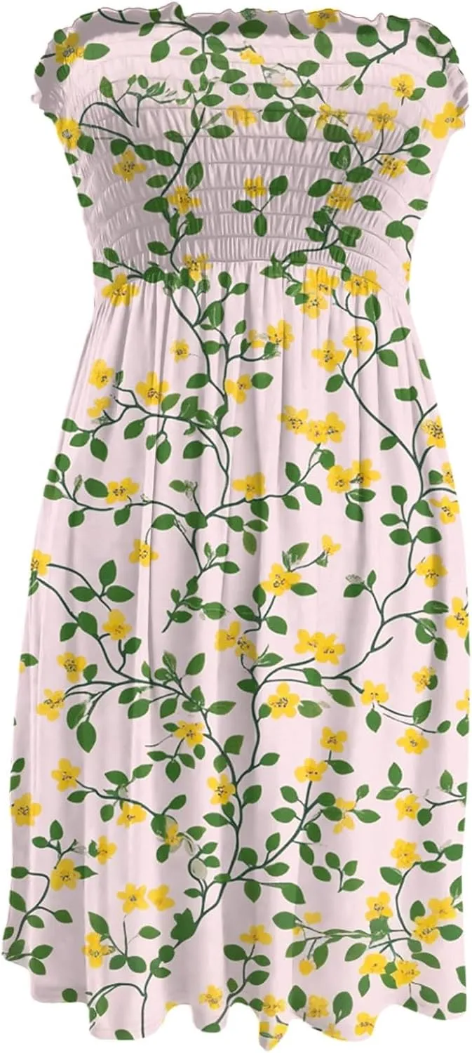 Summer Dresses for Women 2025 Strapless Floral Tube Dress Off shouldes Mini Boho Sundress Smocked Ruffle Sun Dress