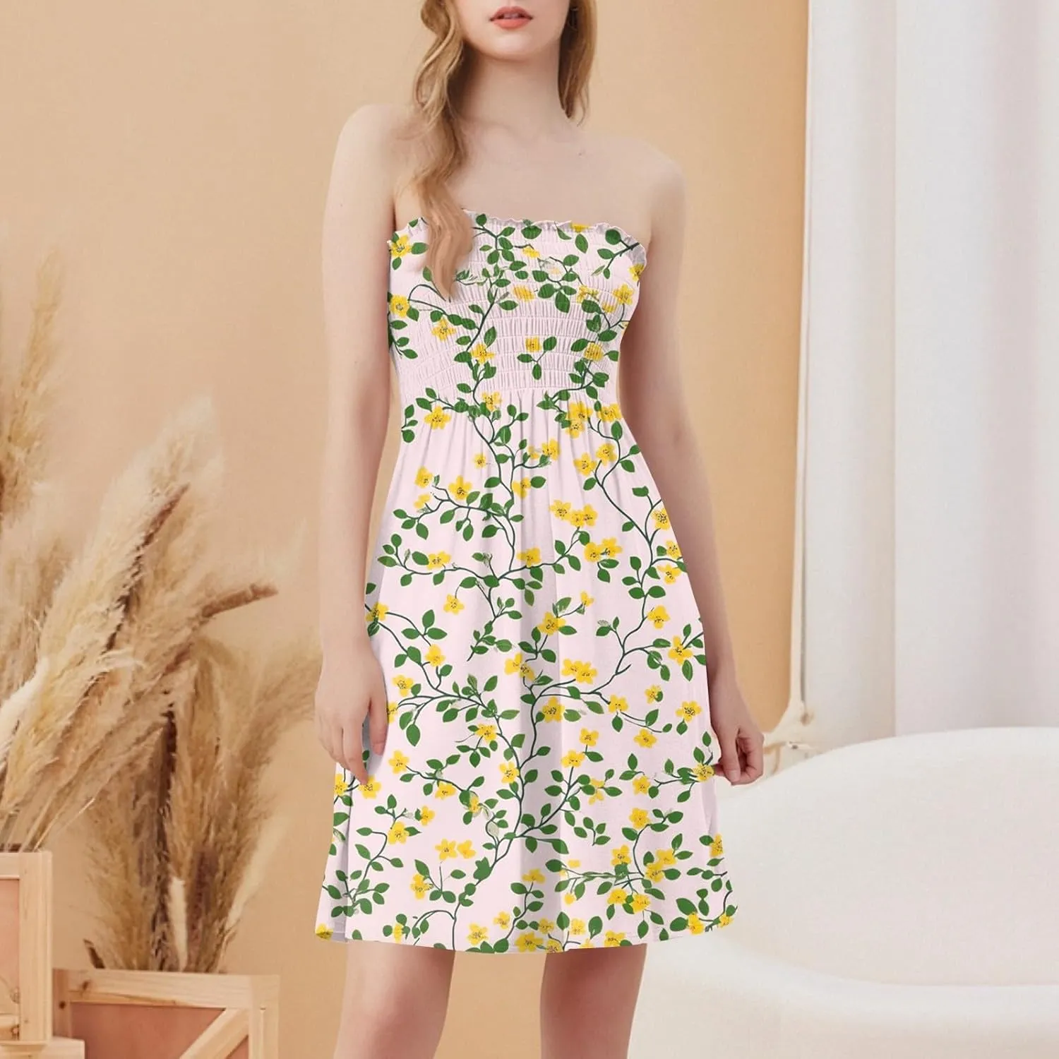 Summer Dresses for Women 2025 Strapless Floral Tube Dress Off shouldes Mini Boho Sundress Smocked Ruffle Sun Dress