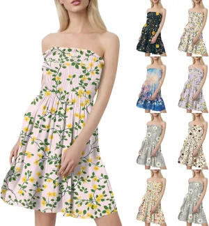 Summer Dresses for Women 2025 Strapless Floral Tube Dress Off shouldes Mini Boho Sundress Smocked Ruffle Sun Dress