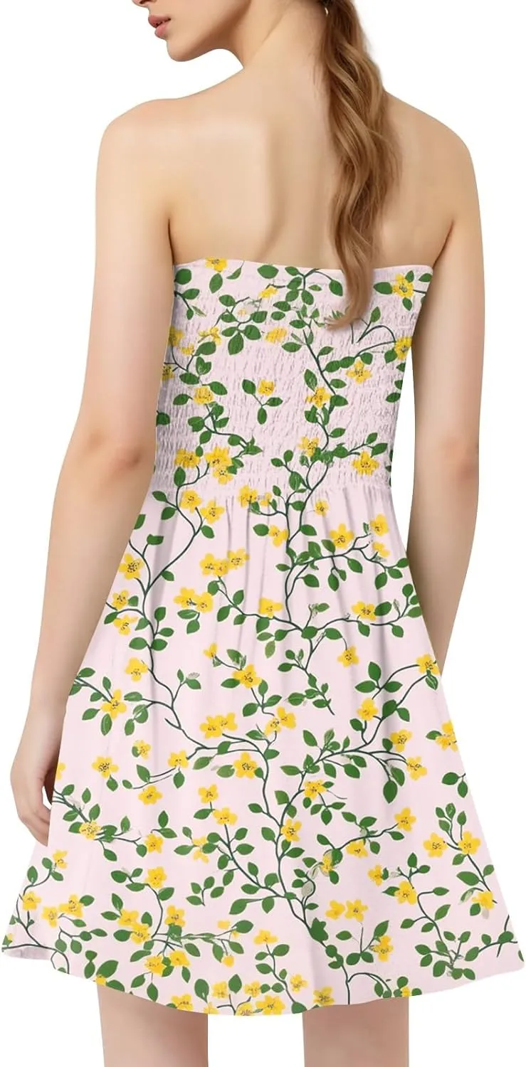 Summer Dresses for Women 2025 Strapless Floral Tube Dress Off shouldes Mini Boho Sundress Smocked Ruffle Sun Dress